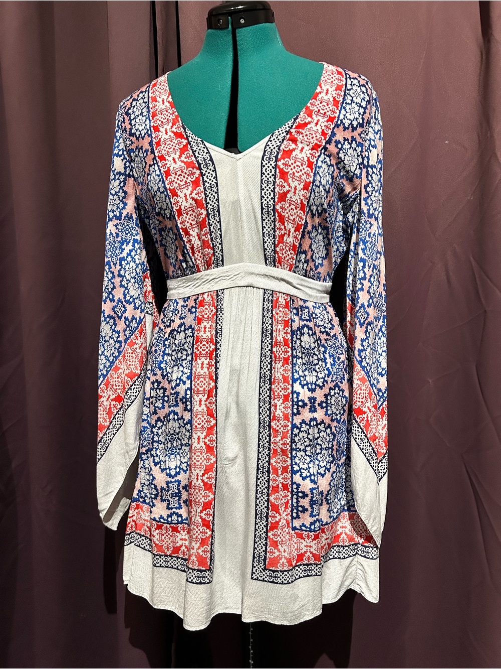 BCBGMaxAzria Red, Blue & White Printed V-Neck Long Sleeve Dress